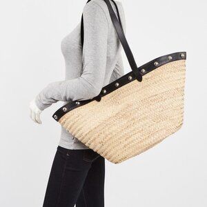 Celine Natural Woven Straw and Black Leather Studded Tote Bag